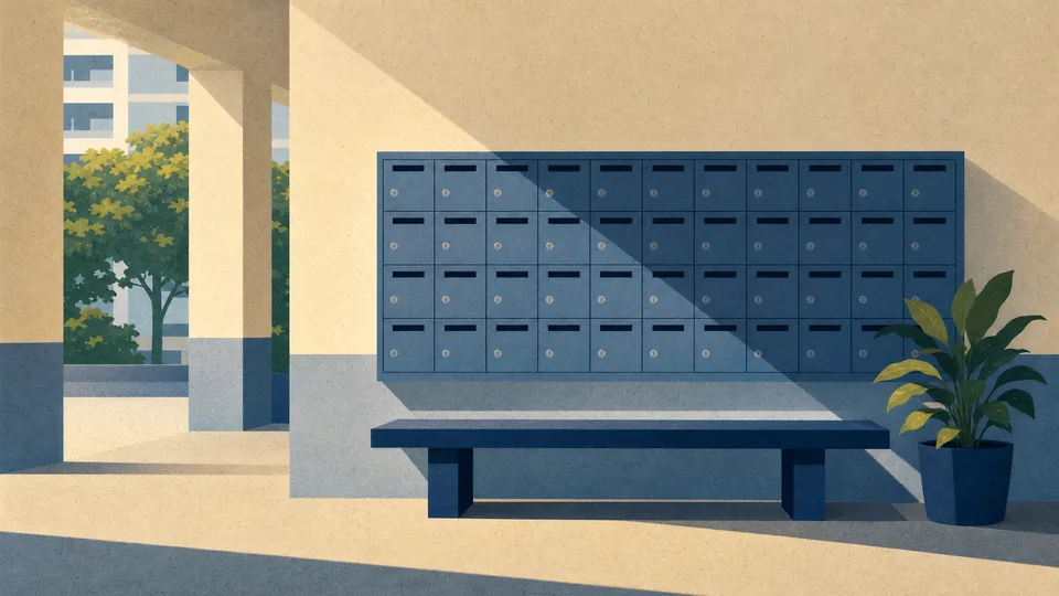 A bank of letterboxes and a bench at a void deck