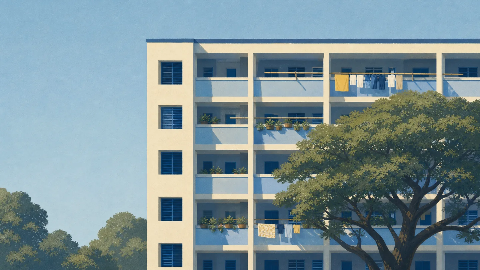 An HDB block in morning light with potted plants and a rain tree