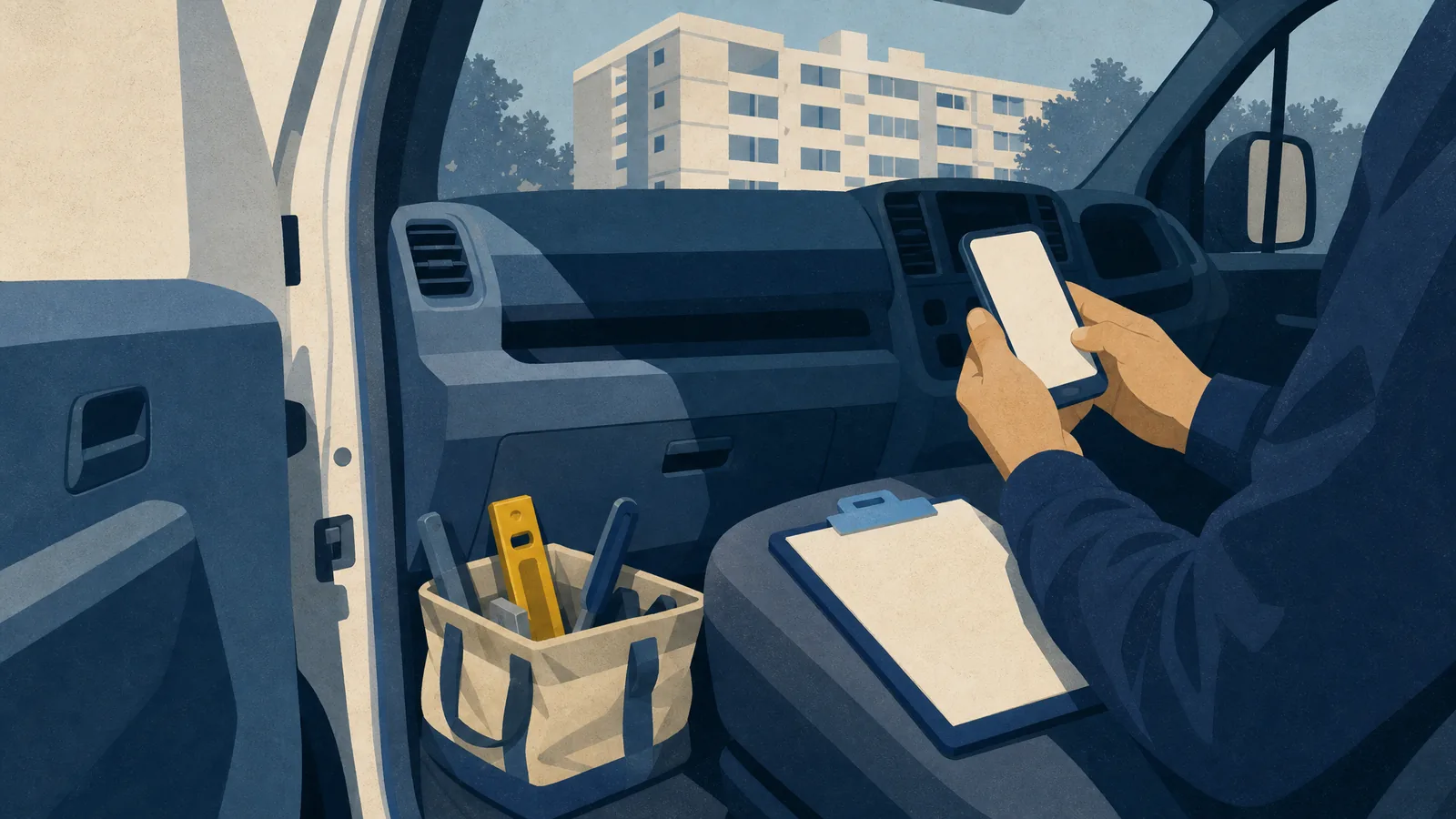 A tradesman's hands filling in a form on a phone in a van