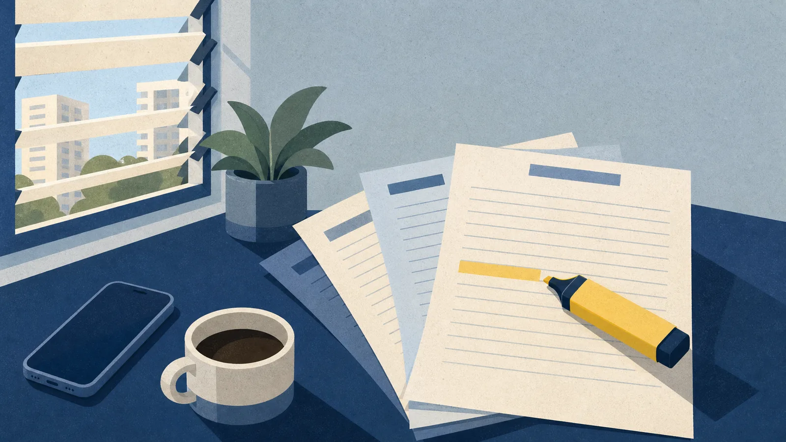 A desk with printed listings, a highlighter, a phone and a cup