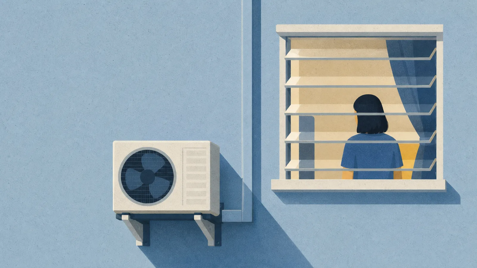 An aircon outdoor unit on its bracket with a still fan, seen from inside the window