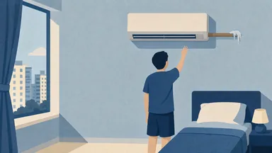 Frost on the copper pipe of a wall aircon while a person feels the weak air