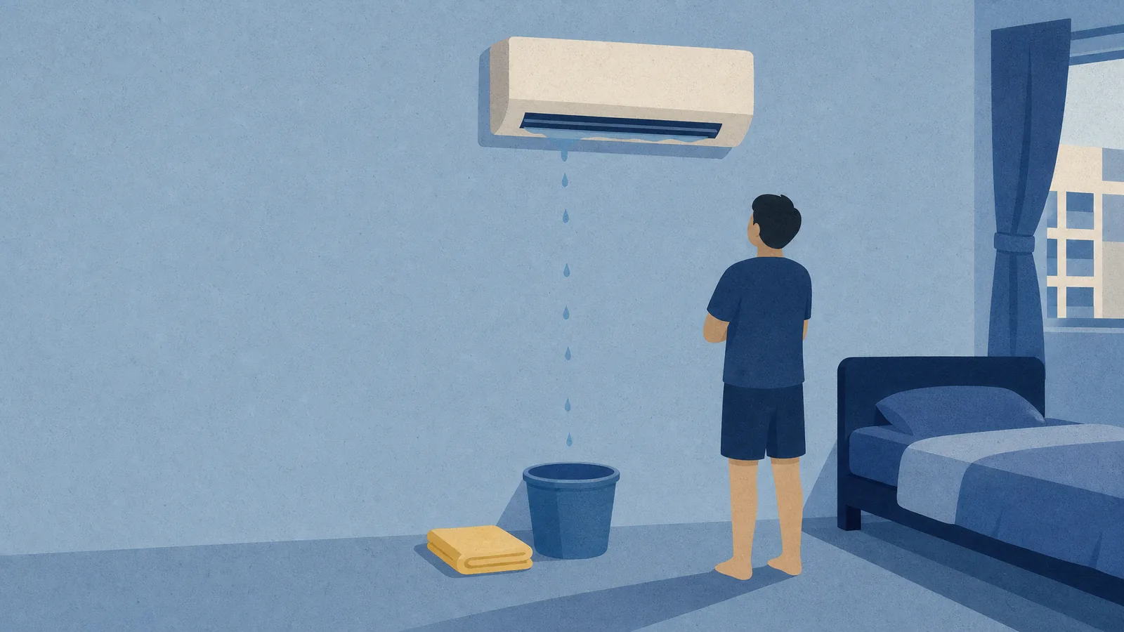 Water dripping from a wall aircon into a bucket while a person looks up at it