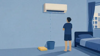 Water dripping from a wall aircon into a bucket while a person looks up at it