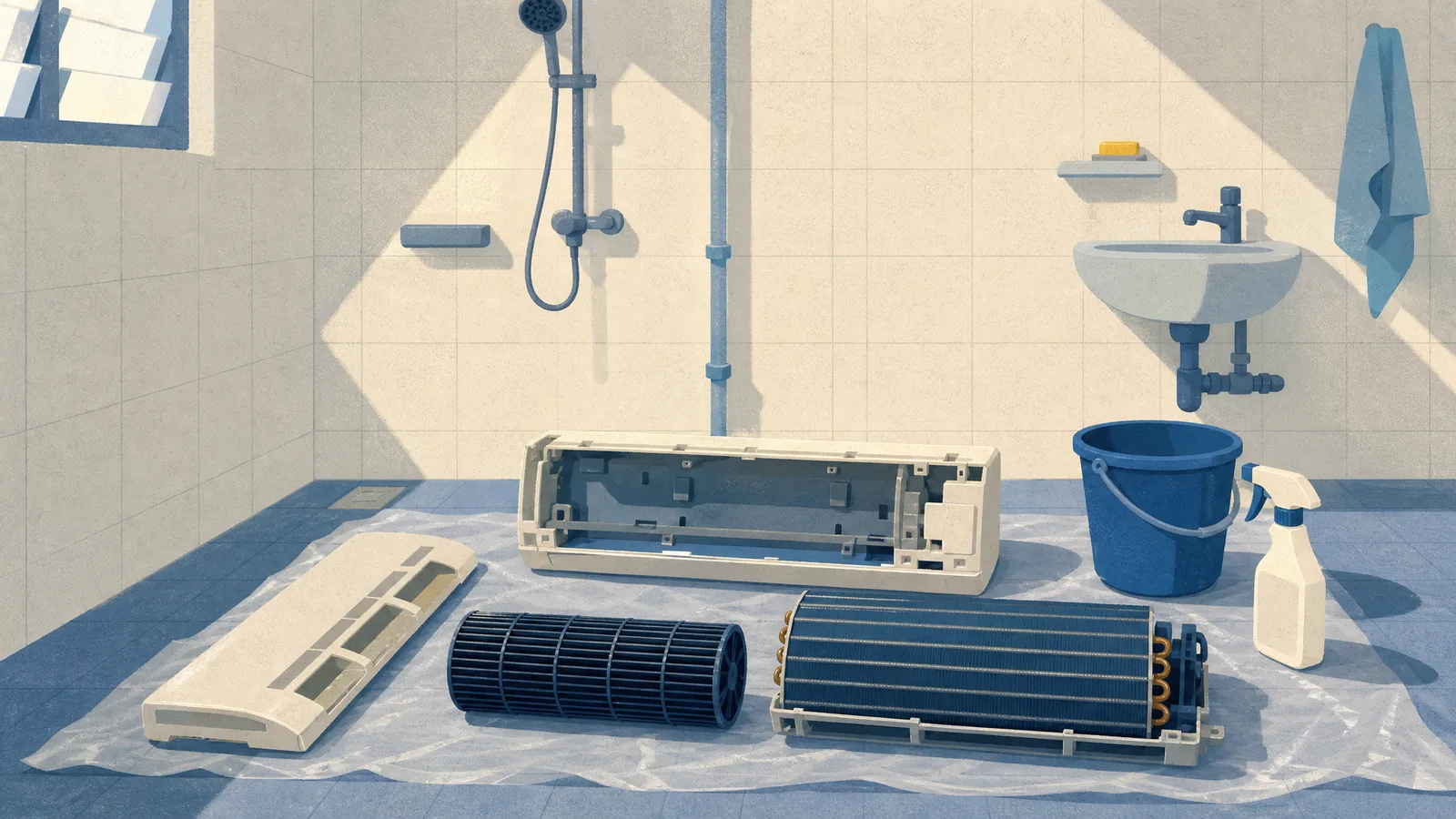 An aircon indoor unit fully dismantled on a plastic sheet beside a bucket