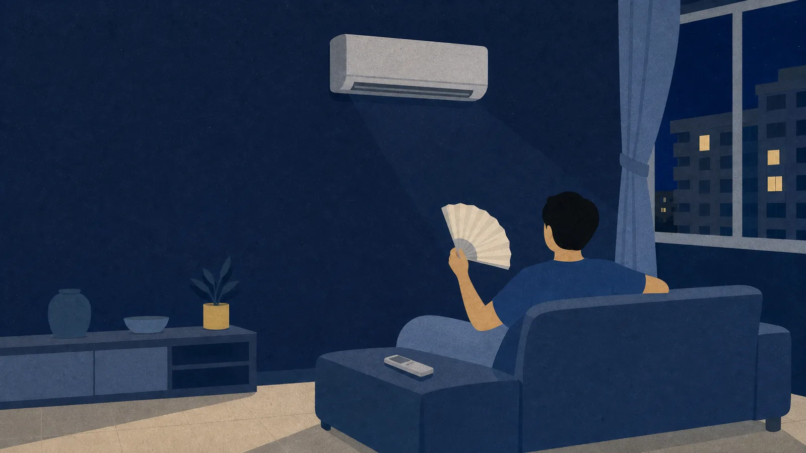 A person fanning themselves on a sofa at night under a running aircon