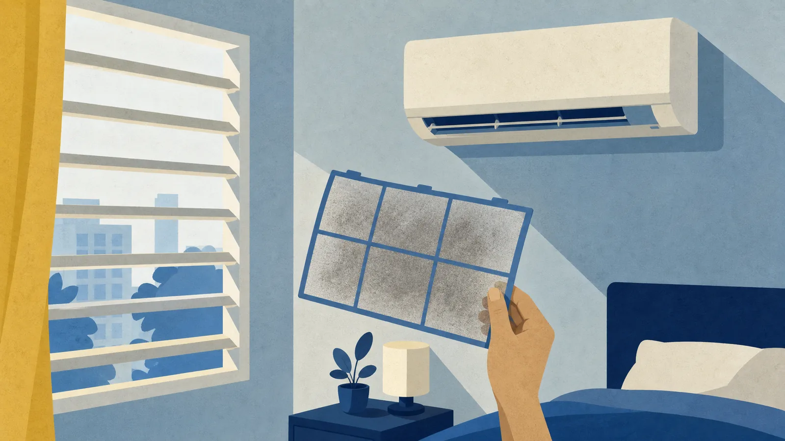 A hand holding an aircon filter up to the window light, grey with dust