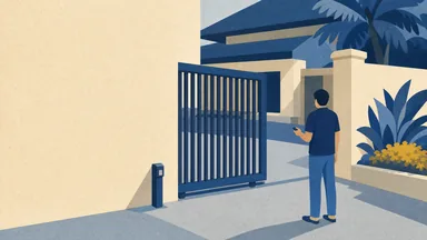 A sliding auto gate stopped half open with a person holding a remote