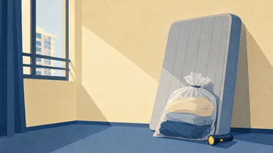 A bare mattress stood on its edge with bedding bagged beside it