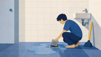 A person crouched lifting a bathroom floor trap cover with water pooled around it