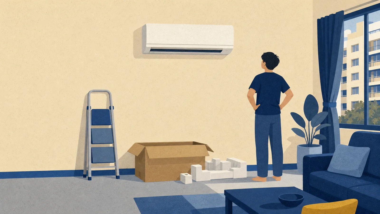 A person looking up at a newly mounted aircon unit with its box and a ladder on the floor