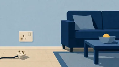 A wall socket with a scorch mark beside a pin hole and the plug pulled out