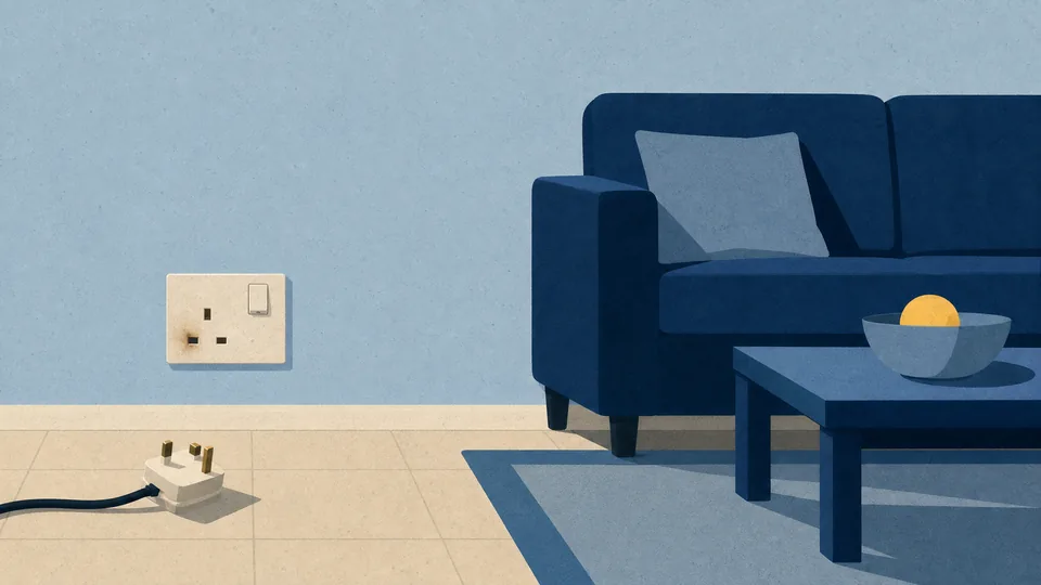 A wall socket with a scorch mark beside a pin hole and the plug pulled out