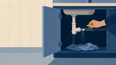 Water spraying from a split pipe under a sink as a hand reaches for the valve