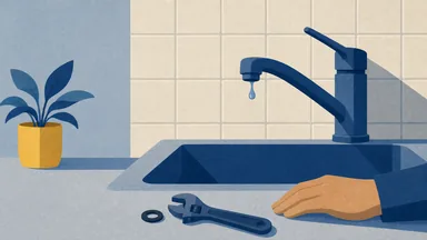 A dripping mixer tap with a spanner and a loose washer on the counter