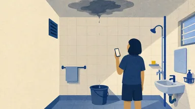 A damp patch on a bathroom ceiling dripping into a bucket, a person looking up with a phone
