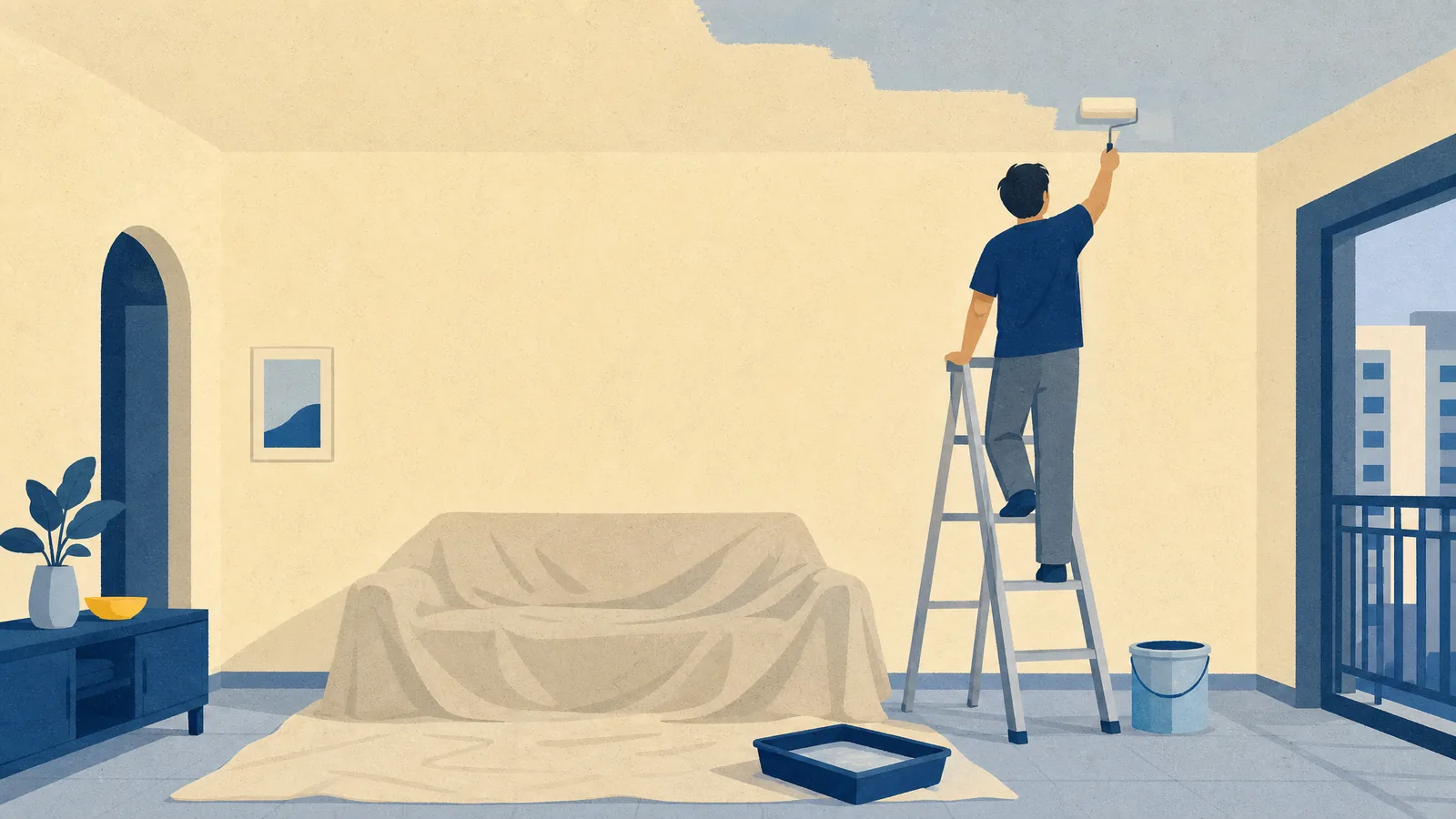 A painter on a step ladder rolling a ceiling, sofa under a dust sheet