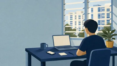 A person at a desk by a louvred window checking a laptop beside a phone and a printed card