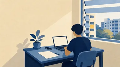 A person at a desk by a window with a laptop, phone, printed sheet and a plant