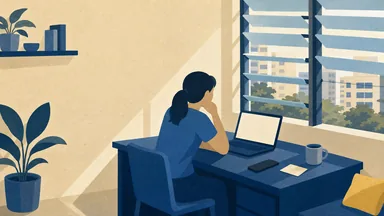 A person at a desk by a louvred window with a laptop, phone and a printed card