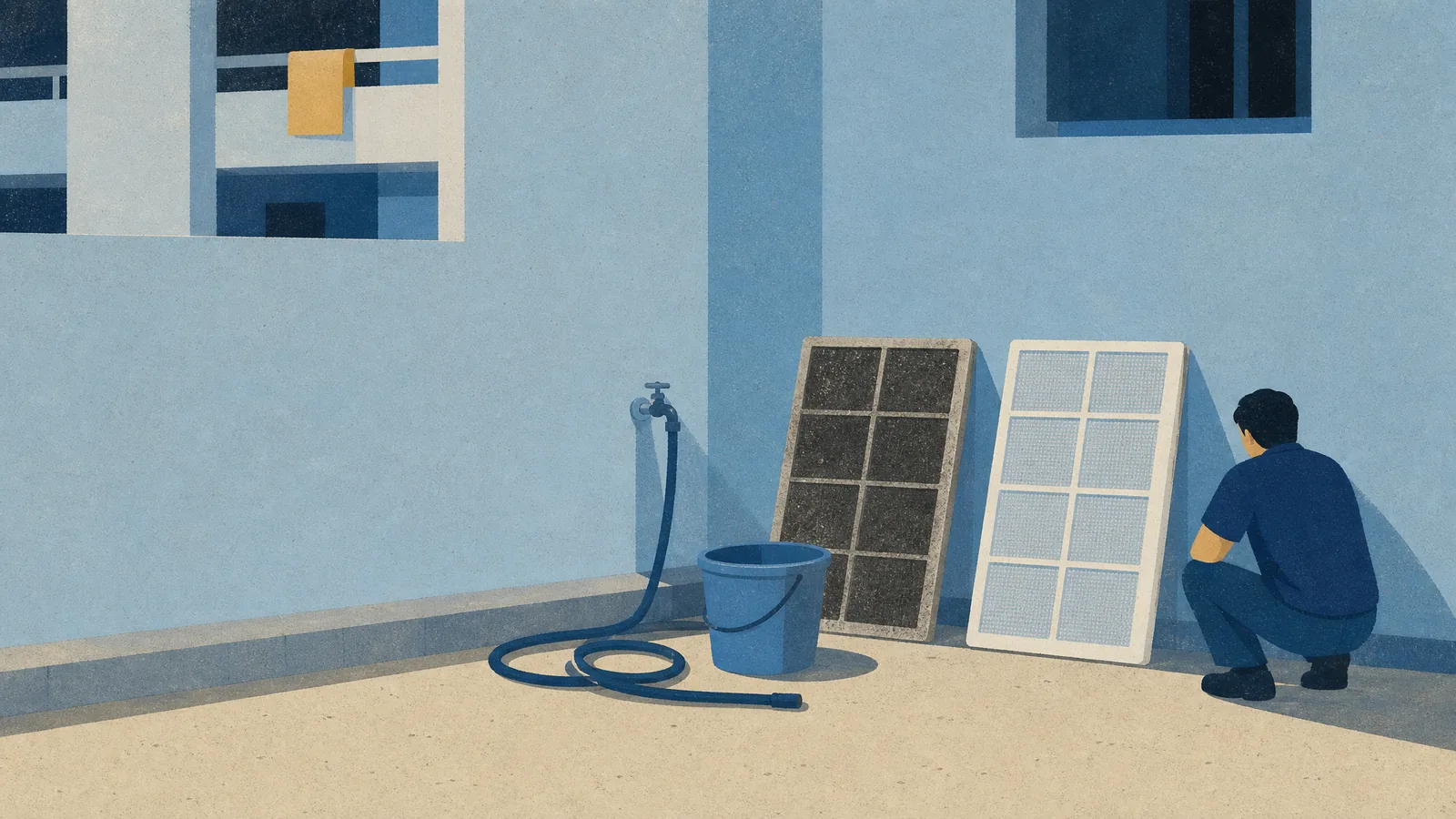 A dusty aircon filter and a clean one side by side against a service yard wall