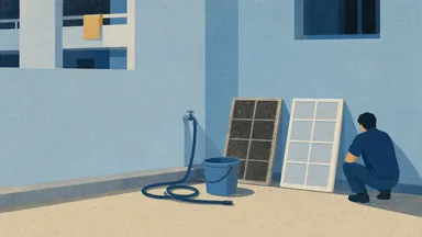 A dusty aircon filter and a clean one side by side against a service yard wall