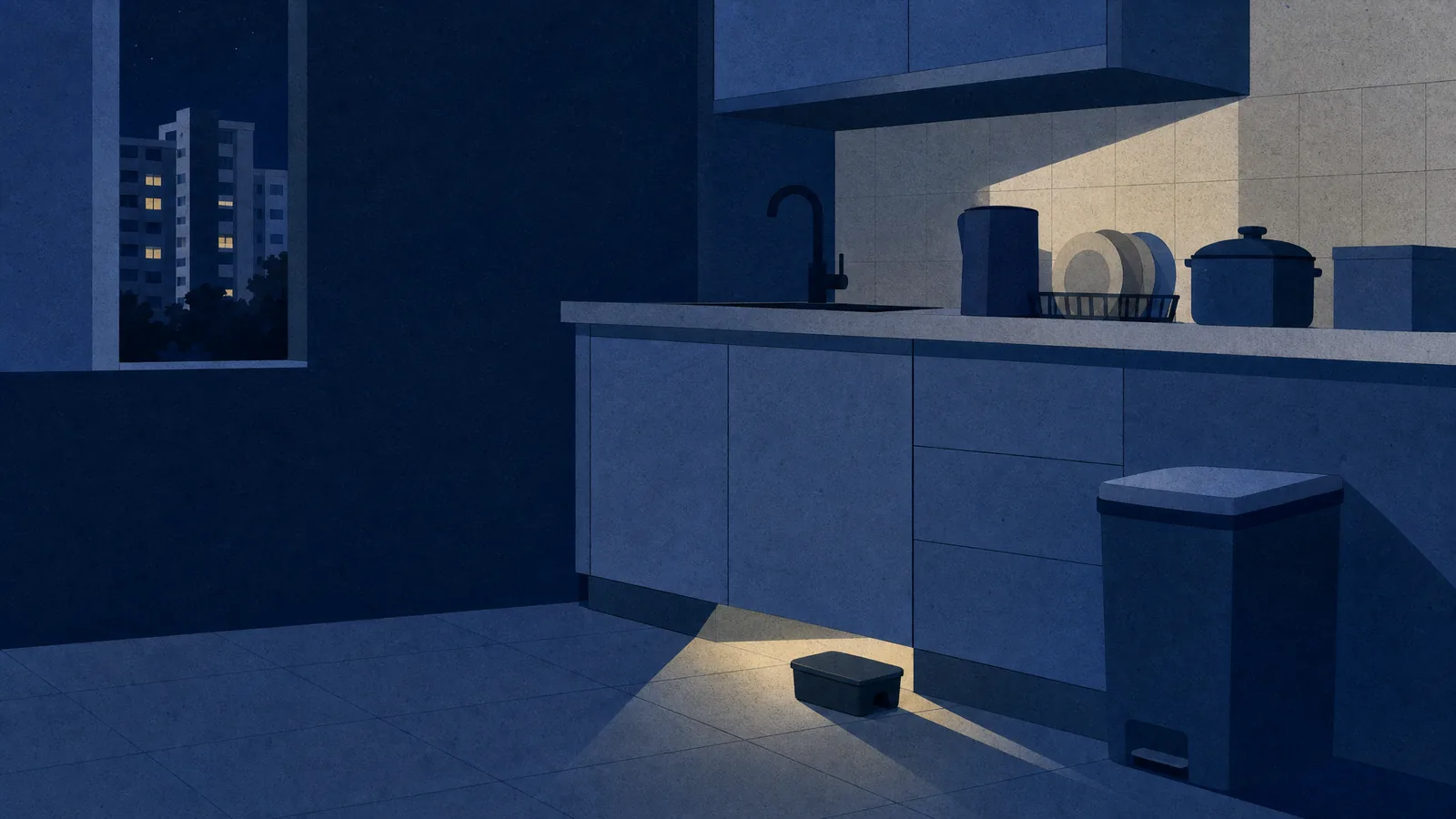 A torch beam on the gap under a kitchen cabinet with a bait station on the floor