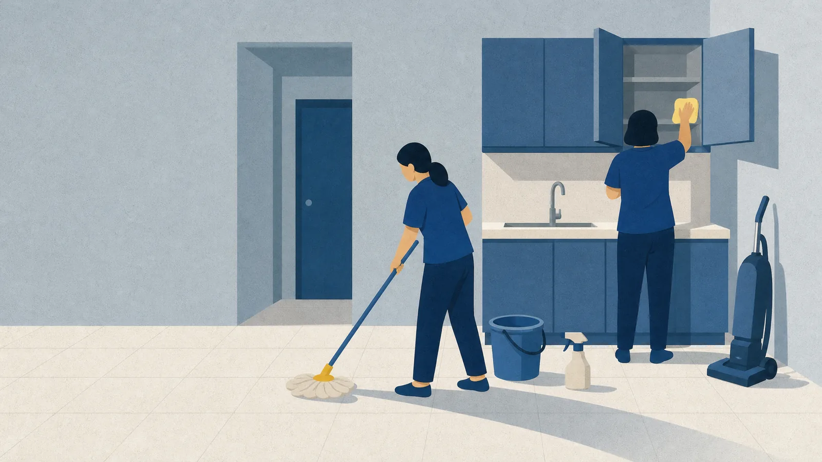 Two cleaners in an empty flat, one mopping the floor and one wiping inside a cabinet