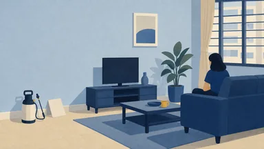 A pump sprayer and a folded quote on a living room floor with the furniture pulled from the wall