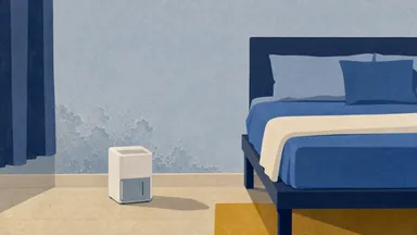 Bubbling paint and a damp patch low on a bedroom wall beside a dehumidifier