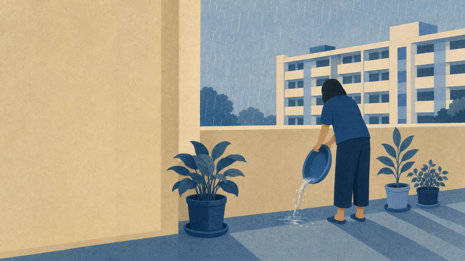 A person tipping water from a plant saucer on an HDB corridor in the rain