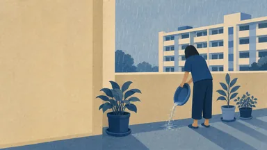 A person tipping water from a plant saucer on an HDB corridor in the rain