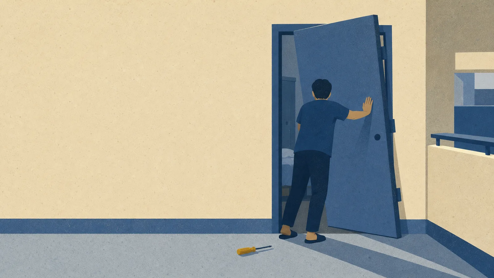 A person pushing a bedroom door that sits tilted on its hinges, a screwdriver on the floor