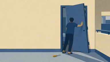 A person pushing a bedroom door that sits tilted on its hinges, a screwdriver on the floor