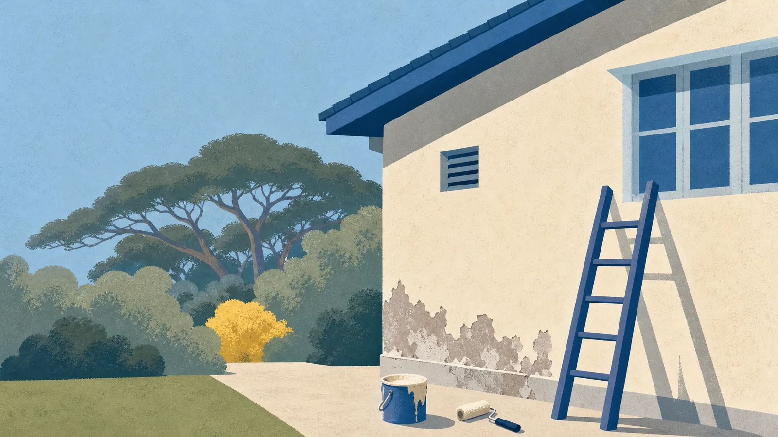 A landed house wall with peeling paint, a ladder, and a paint tin on the path