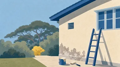 A landed house wall with peeling paint, a ladder, and a paint tin on the path