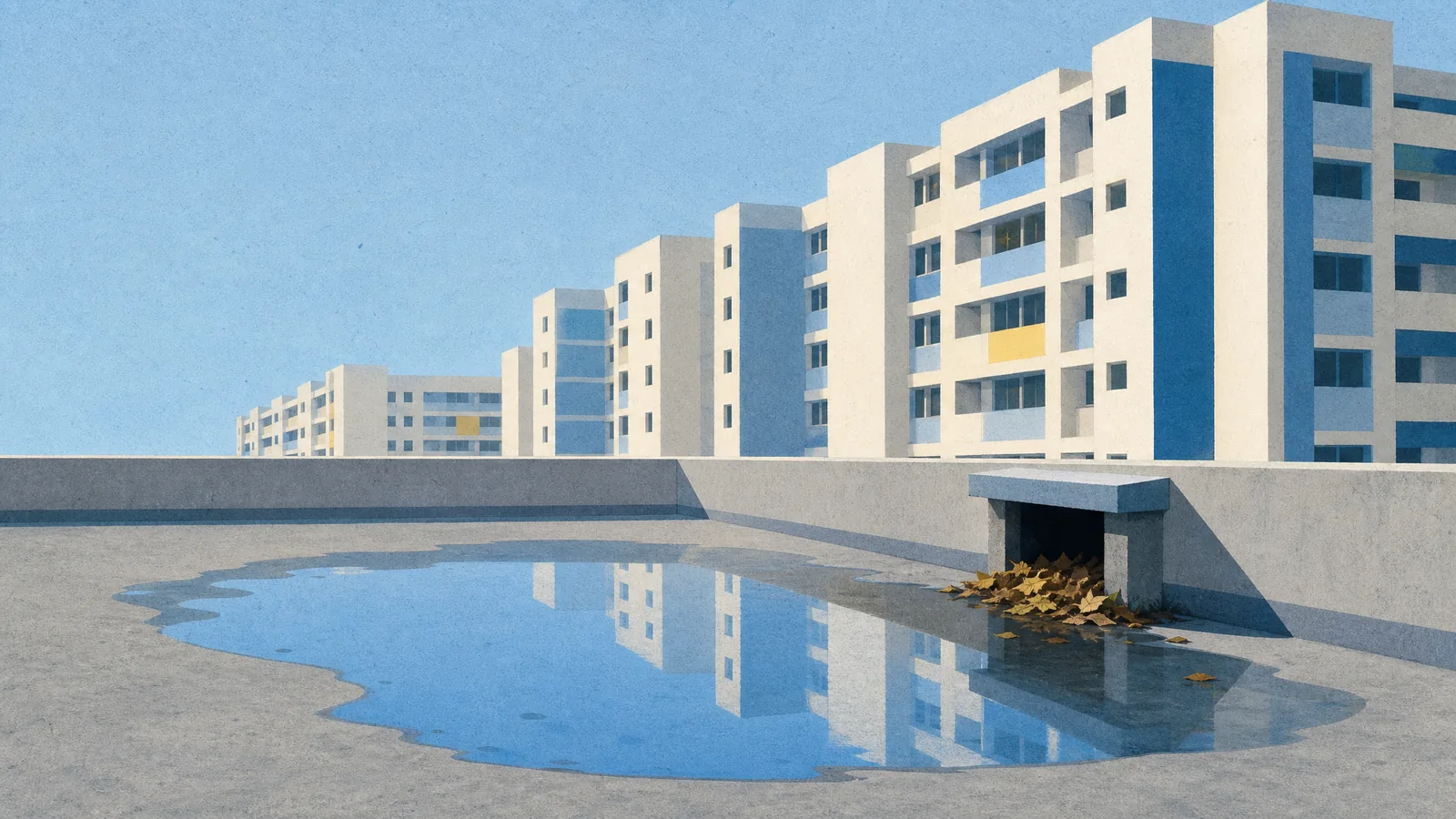 A wide puddle on a flat roof with a leaf-blocked drain outlet
