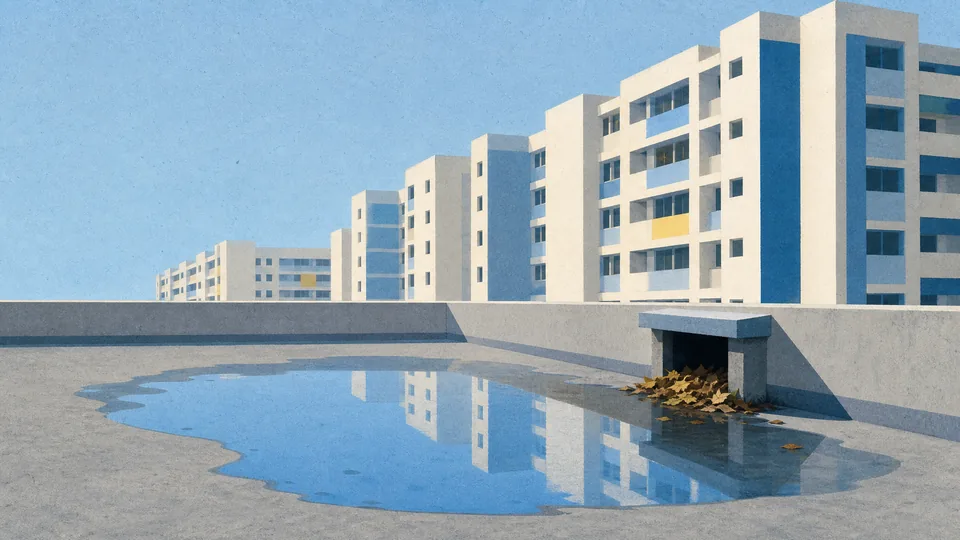 A wide puddle on a flat roof with a leaf-blocked drain outlet