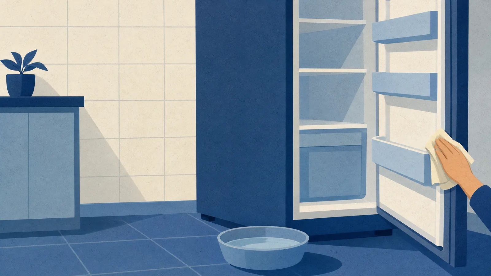 A hand wiping the rubber seal of an open fridge door with a cloth