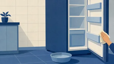 A hand wiping the rubber seal of an open fridge door with a cloth