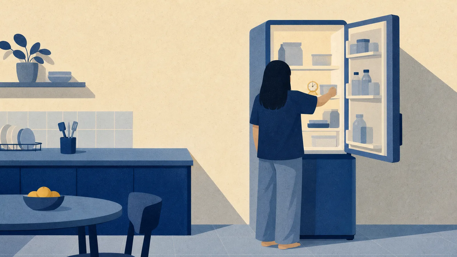 A person holding a hand inside an open fridge with a thermometer on the shelf