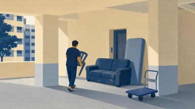 An old sofa and mattress at a void deck lift lobby, a person carrying a chair toward them