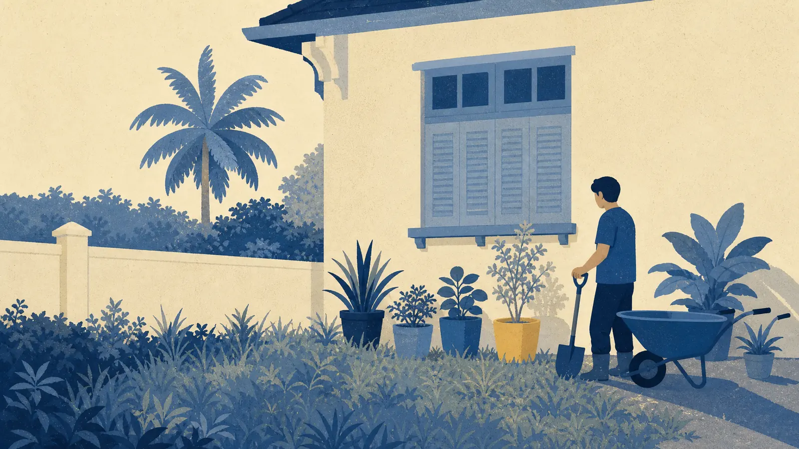An overgrown front garden with a person, a wheelbarrow and a spade among potted plants