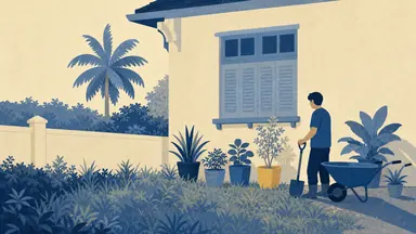 An overgrown front garden with a person, a wheelbarrow and a spade among potted plants