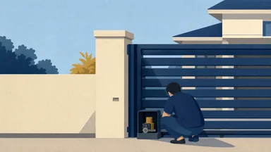 A sliding gate's motor housing open at the base with a person crouching to look