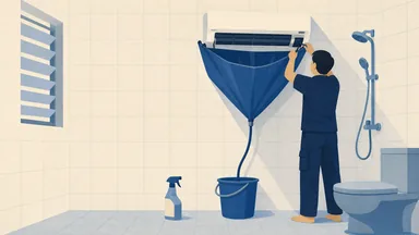 A technician holding a wash bag open under a bathroom aircon unit, hose running to a bucket