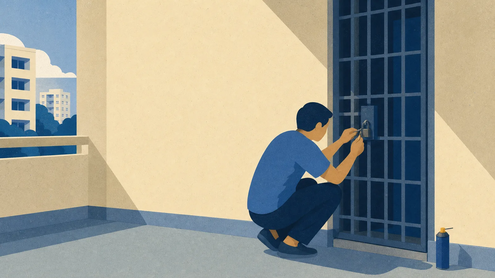 A person crouched at a stuck grille gate lock with a key and a can of lubricant