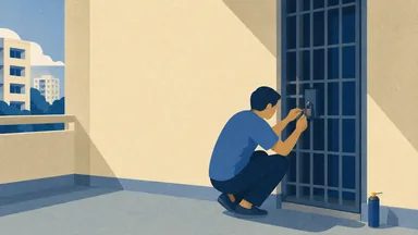 A person crouched at a stuck grille gate lock with a key and a can of lubricant