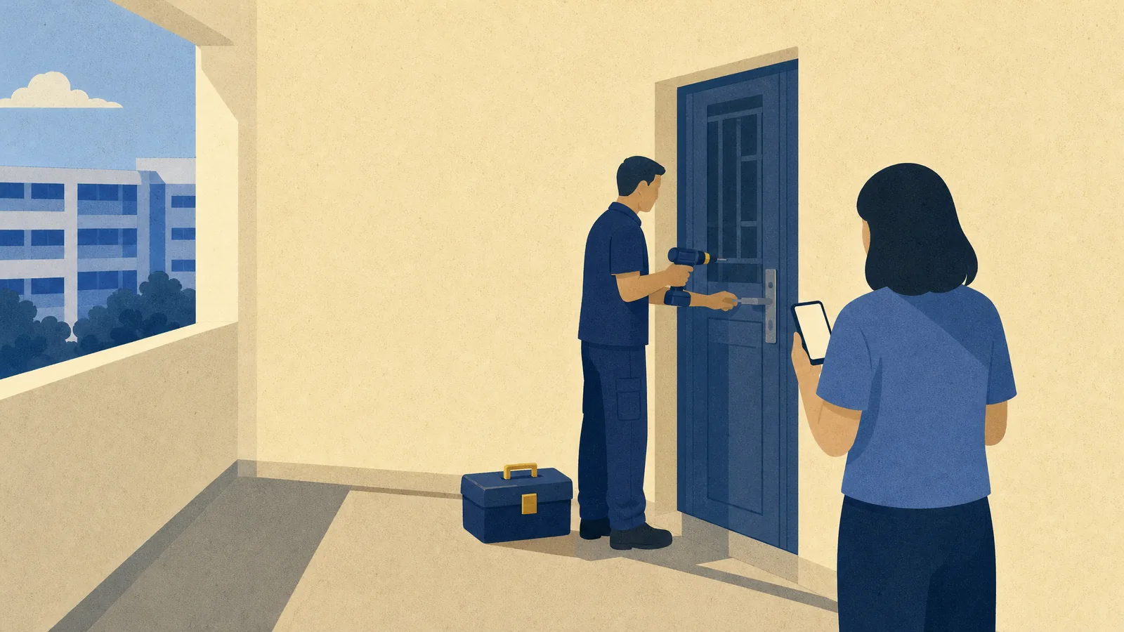 A handyman with a drill and toolbox at the door while a resident checks a phone