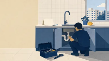 A plumber crouched at an open kitchen cabinet with a toolbox and a folded quote on the counter